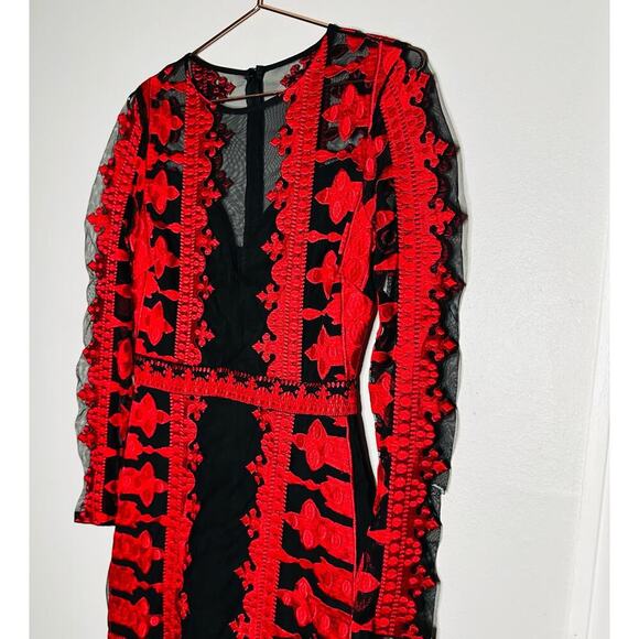 NICOLE MILLER Red Black Illusion Embroidered Mesh Long Sleeve Sheath Dress Size6 - Picture 4 of 11